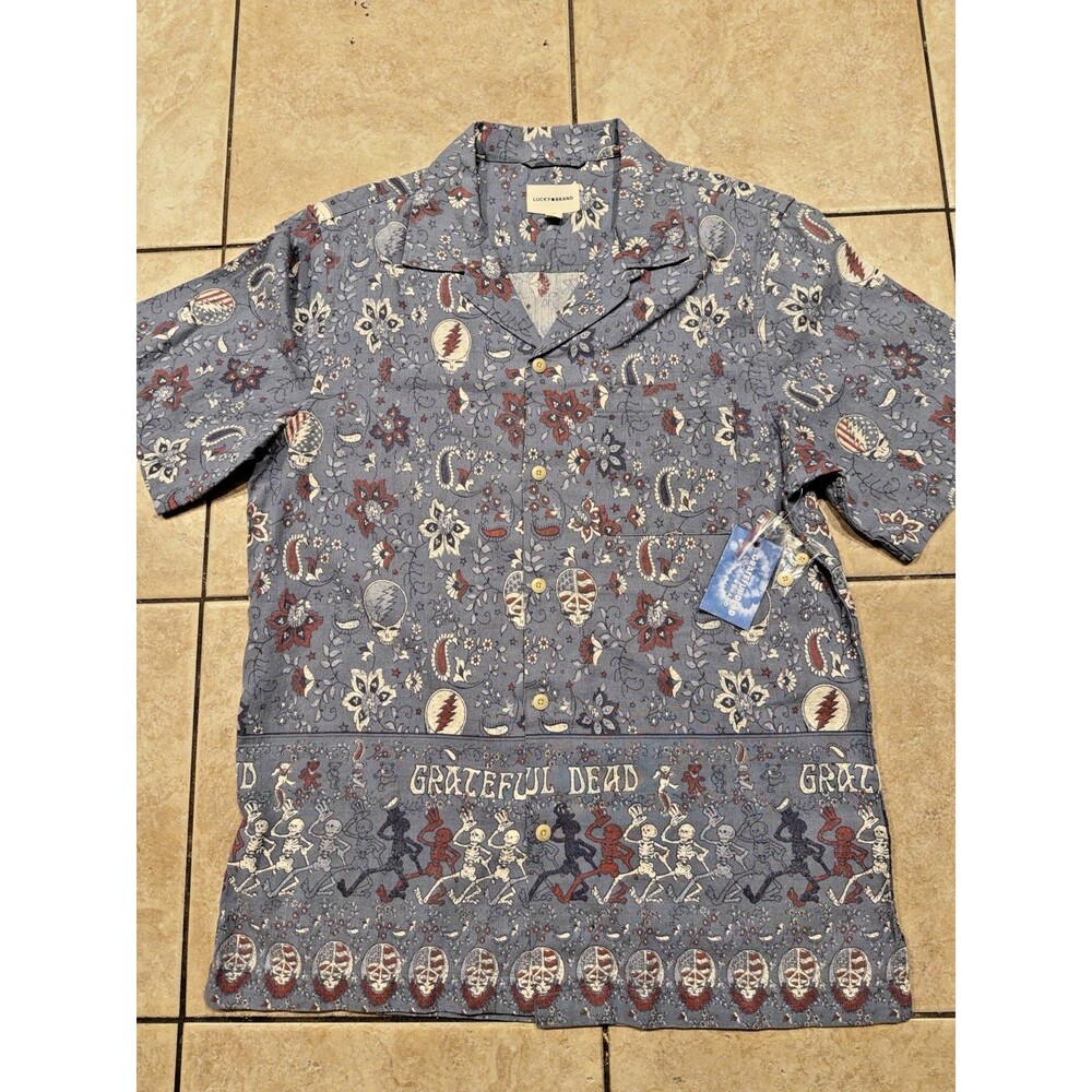 Lucky Brand Shirt Mens Small Blue Grateful Dead Button Up Hawaiian Loop Collar